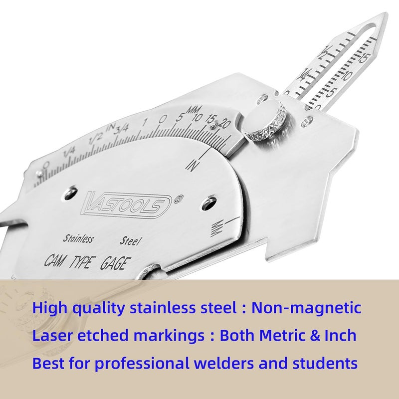 VASTOOLS Cam Weld Gauge,Stainless Steel,Metric & Inch,Linear Measurements up to 2"(50mm),Permanently Etched Markings and Thickness for Professional Welders - Image 2